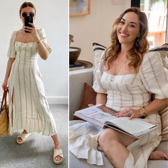 Reformation Dresses & Skirts - Reformation Belgium Linen Midi Dress in Monaco Stripe Puff Sleeve 6 Medium